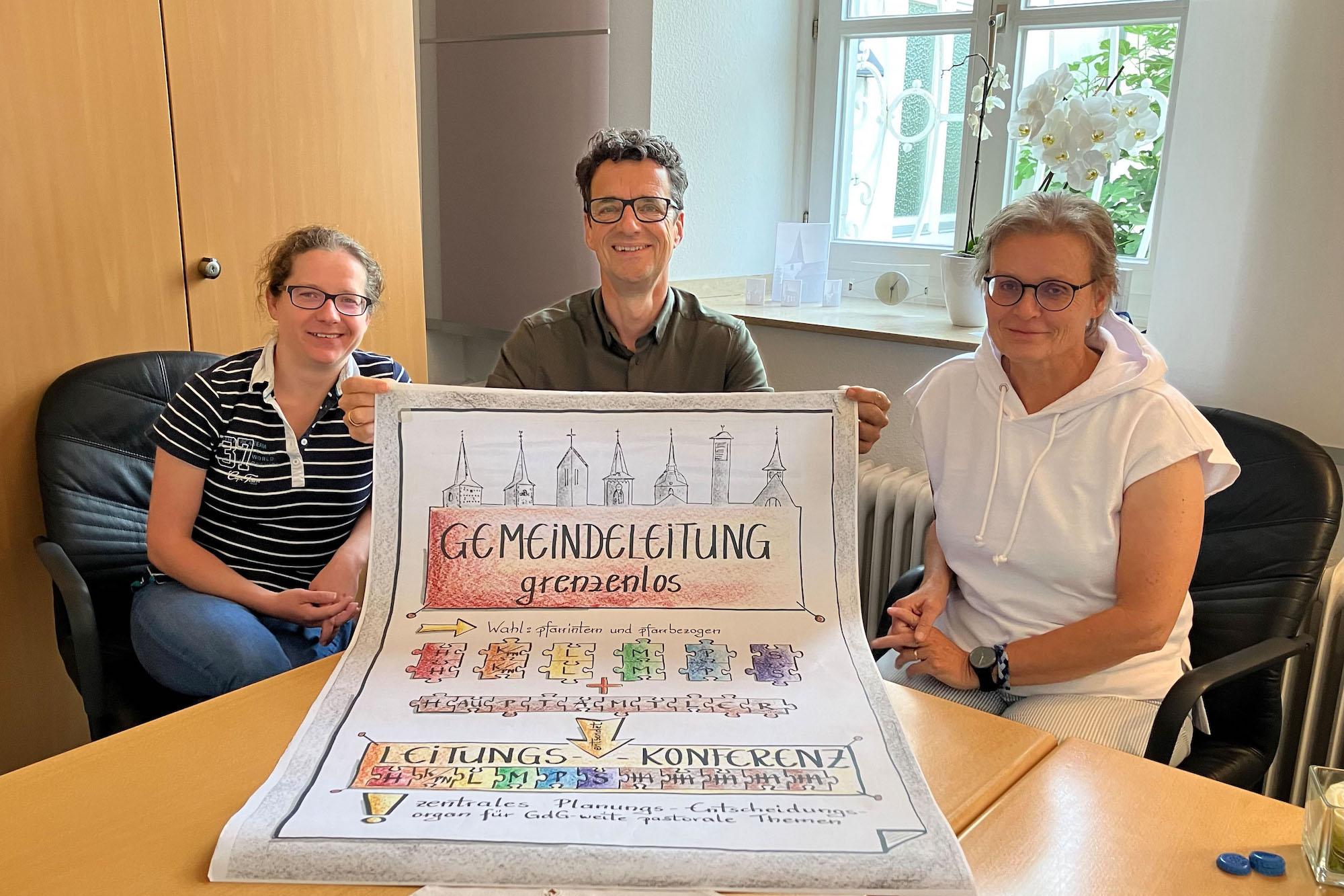 Tetyana Lutsyk, Michael Strack  und Gerlinde Lohmann (v .l.) stellen vor, wie sich „Gemeindeleitung in  Gemeinschaft“ zusammensetzt.