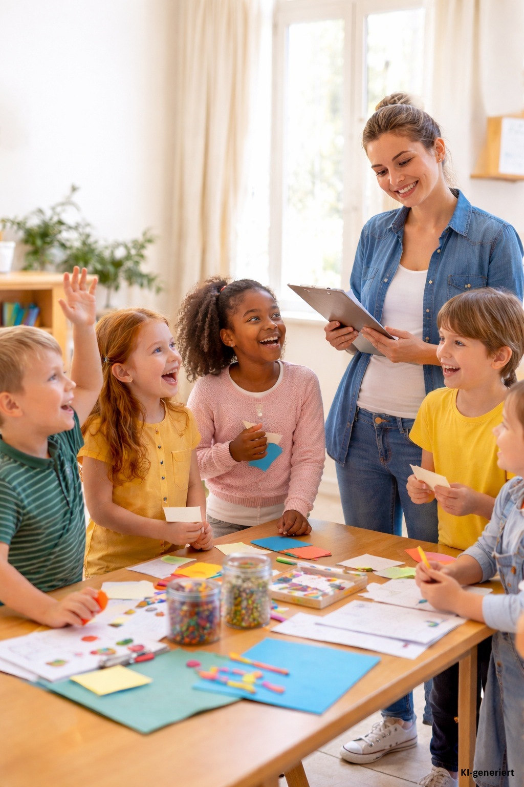 Mehrere Kinder im Grundschulalter sitzen an einem Tisch mit Bastelmaterial. Eine Betreuerin steht daneben, lächelt und hört den Kindern zu, während sie gemeinsam arbeiten.